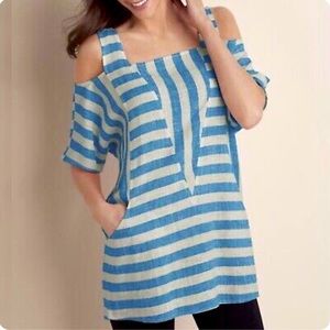 Soft Surroundings Striped Cold Shoulder Linen Tunic Top Petite XS Blue